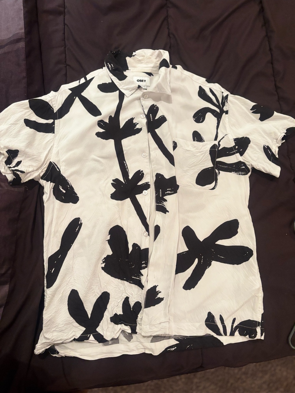 Obey Men's Short Sleeve Button-Up Shirt in White and Black Floral Print
